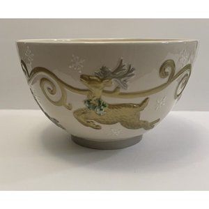 Cheryl & Company Holiday Serving Bowl Embossed Gold Silver Reindeer Snowflakes